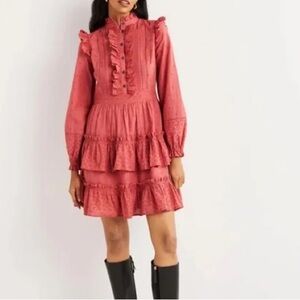 Boden dusty red broderie ruffled eyelet shirt dress Size 12
